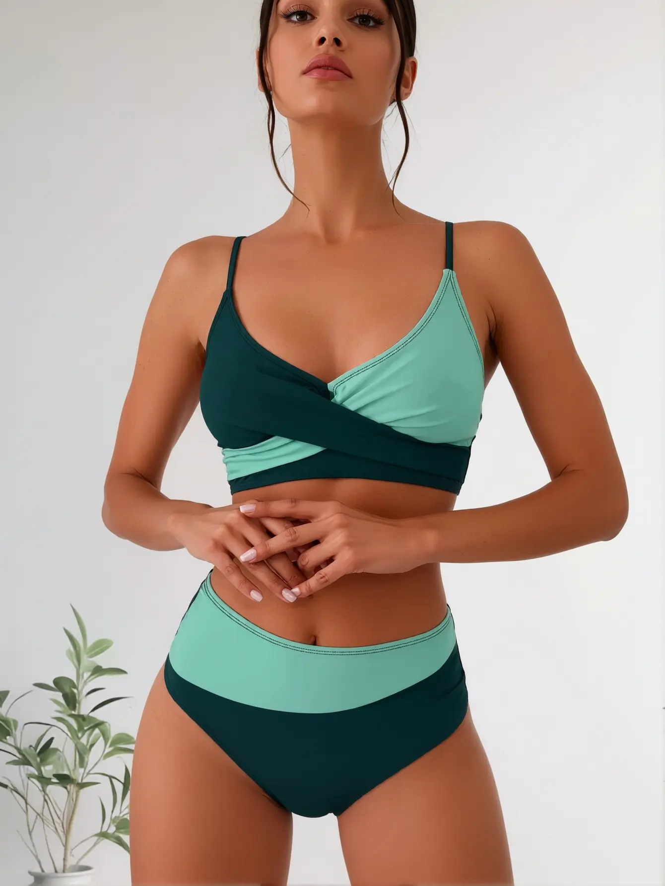 Color Block Bikini Set Cross Front High Waist Two Piece Swimsuit Twist Top Bathing Suit Green