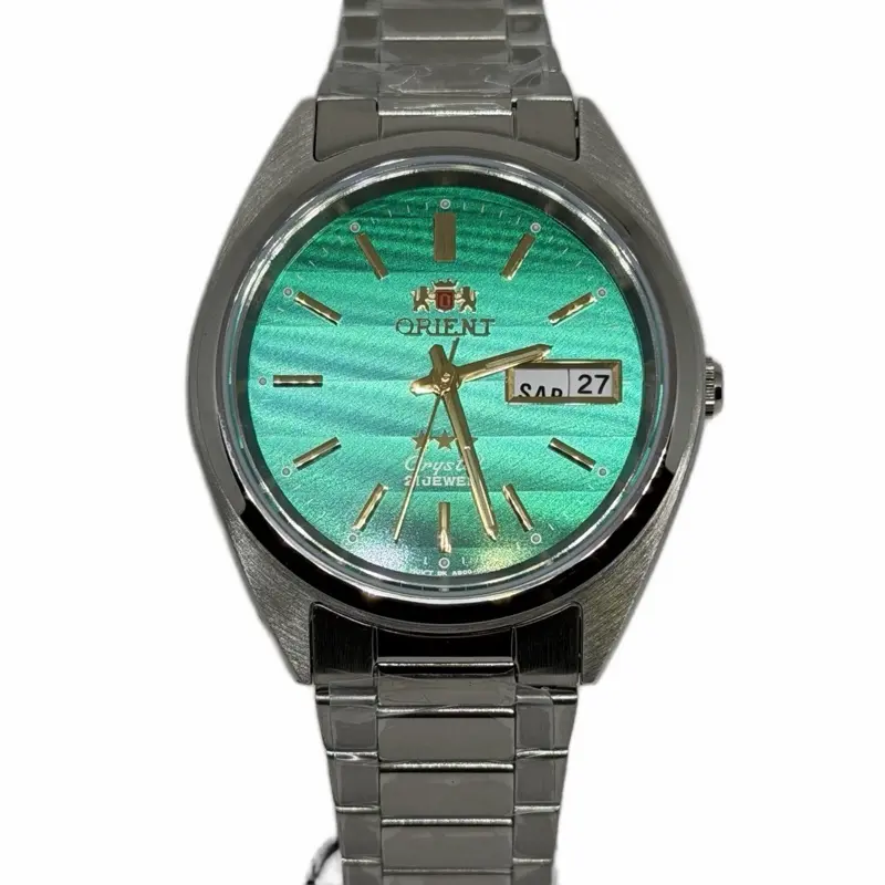 Orient Crystal Emerald Green Sunburst Dial Automatic Watch – 21 Jewels, Stainless Steel, Day-Date Display