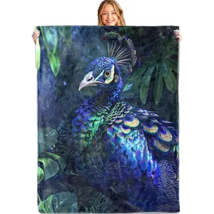 Elegant Peacock Throw Blanket, 50x60in, Soft, Lightweight Flannel,Vibrant Blue and Green Feathers with Jungle Foliage Blankets, Gifts for Women, for Artistic Home Living Room Decor