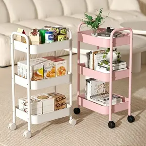 3-Tier Rolling Storage Cart with Wheels, Multi-Purpose Metal Organizer Trolley for Kitchen, Bathroom, Bedroom, Home Office, White/Pink