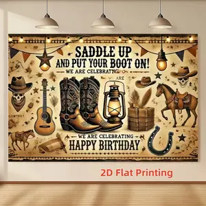 Western Theme Party Banner, Denim Style Birthday Background Cloth, Waterproof Polyester Material, Reusable Hanging Decoration