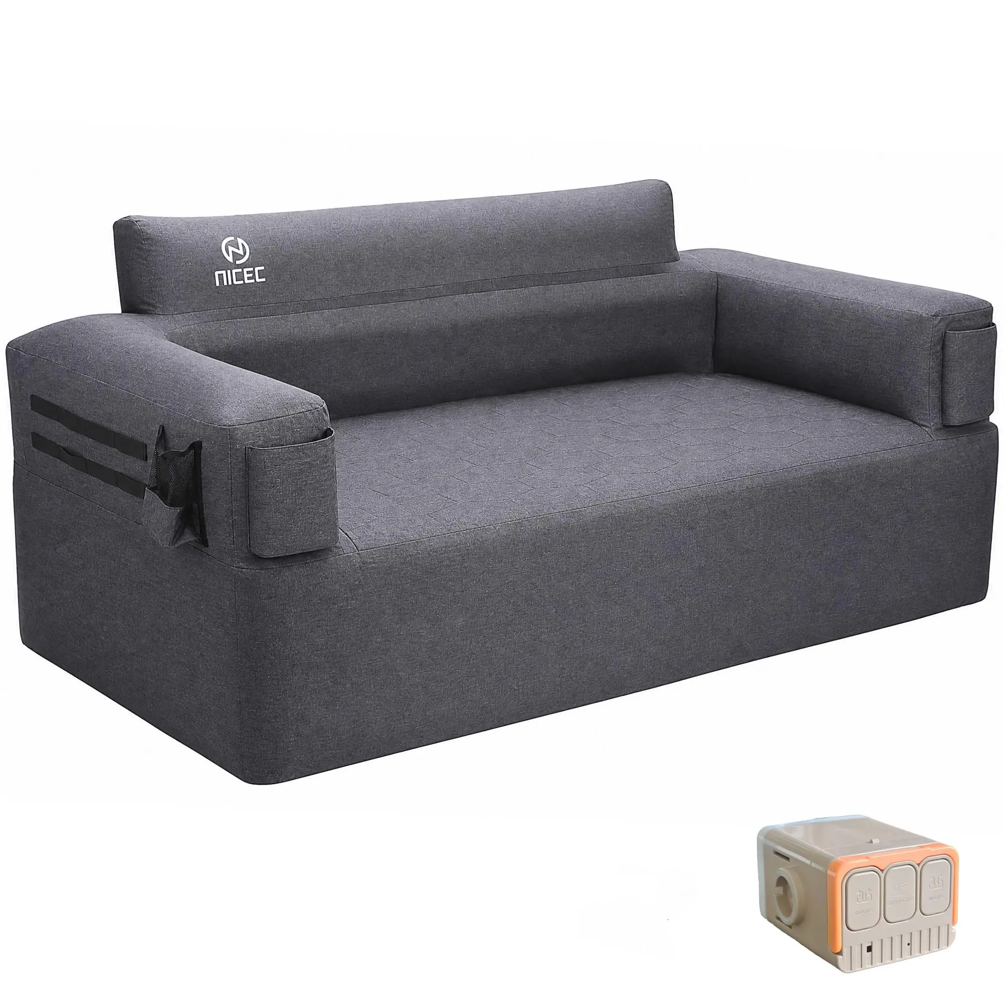 Nice C Inflatable Comfy High Backrest Sofa with Built-in Electric Pump - Lightweight Compact Fold Waterproof Fabric Furniture for Adults, Gaming Rooms, Tailgating, Mesh Cup Holder, Storage Pocket, MOLLE Straps, Fast Inflation