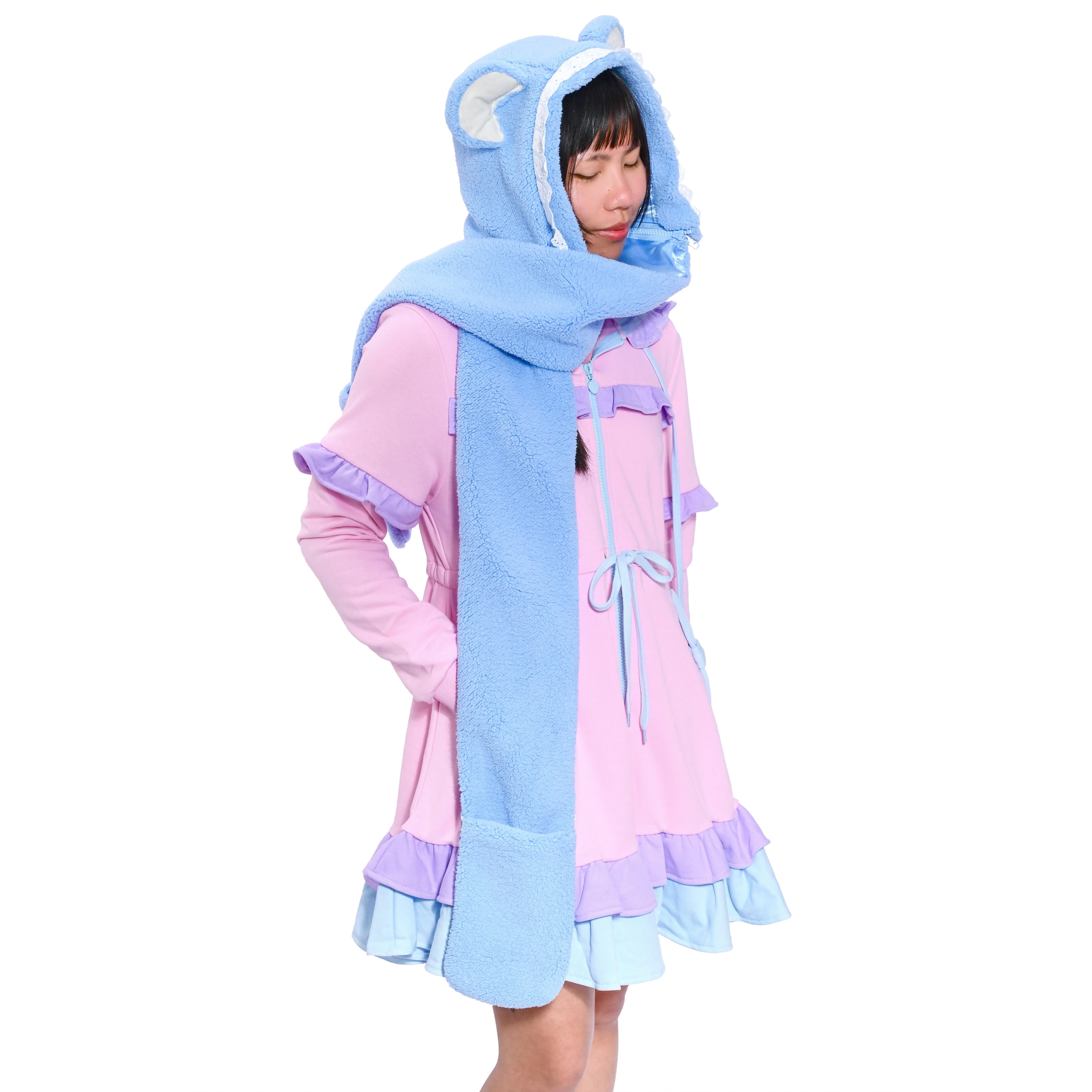 2-Way Bear Hooded Scarf - Baby Blue - Vegan