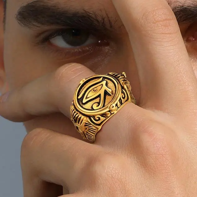 U7 Eye of Ra Ankh Chunky Statement Ring for Men, 14K Gold Plated 5 Layers Mirror Finish Cadmium-Free Hypoallergenic Stainless Steel Band, Ancient Amulet Jewelry for Party Wear Birthday Gift