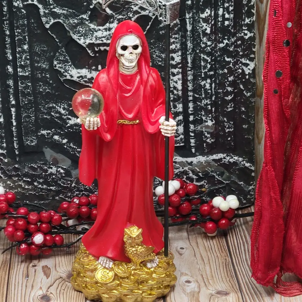 Santa Muerte Statue Red Color 9 Inch Santisima Muerte with Red Cloak and Golden Base Decorative Figure