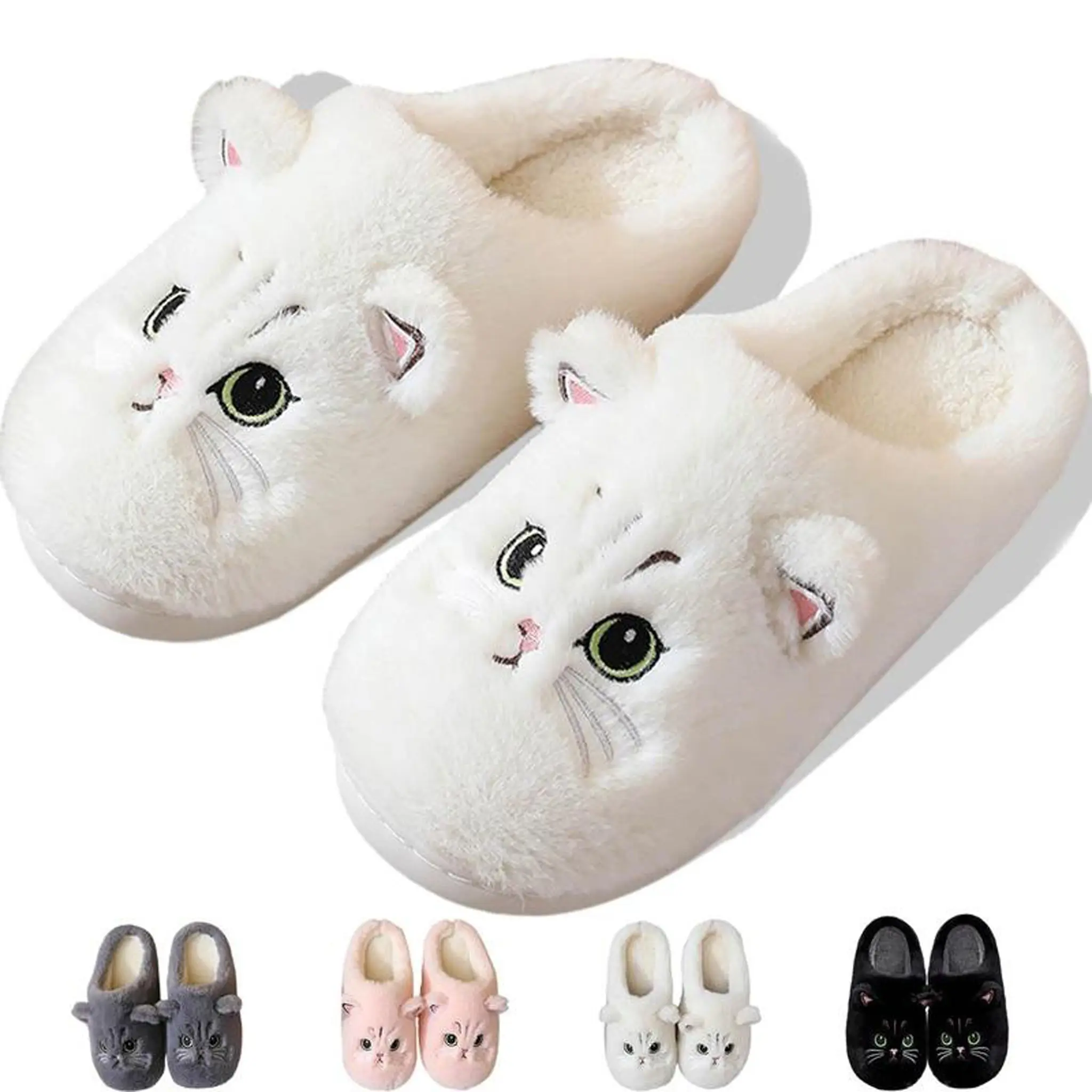 Fluffy 3D Cartoon Cat Plush Slippers for Women, Soft Warm Non Slip Thick Sole Indoor Winter House Shoes