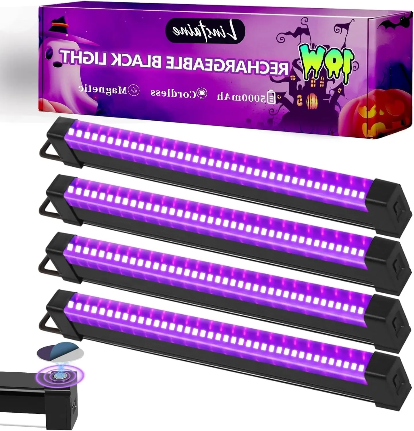 4 Pack Rechargeable Black Light Bar, 5000mAh Large Capacity Battery Powered