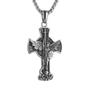 HZMAN St. Michael the Archangel Cross Necklace for Men Stainless Steel Retro Angel Exorcism Protect Amulet Pendant Religious Jewelry