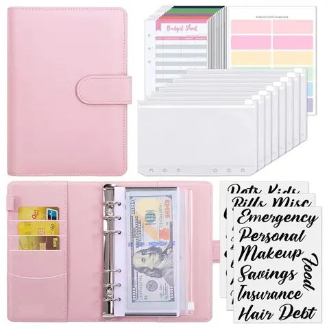 Compact A6 Size PU Leather Budget Binder - Budget Planner and Monthly Bill Organizer, Savings Tracker with Cash Envelopes, Zipper Pockets, Hidden Pockets, Expense Sheets, Stickers, Fits in Handbags or Backpacks for Organizing Cash Budgeting