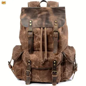 Classic Waxed Canvas Leather Backpack Men's Travel Backpack Women's Casual Rucksack Lightweight School Laptop Bag