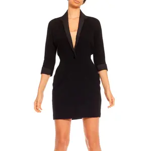 1980S DONNA KARAN Black Wool Knit Shawl Lapel Tuxedo Body-Con Dress