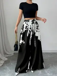 Women's Plant Floral Print Elastic Waist Skirt Pants, Knit Fabric Fashion Elegant Wide Leg Pants, Casual Comfortable Fit Daily Wear