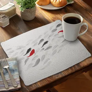 360 Stand Rectangular Stain-Proof Polyester Placemat & Coasters, 14x18 in Gray Braided Design with Asian Animals & Fish Waves, Traditional Aesthetic Tableware for Home Decor, Decorative Coaster