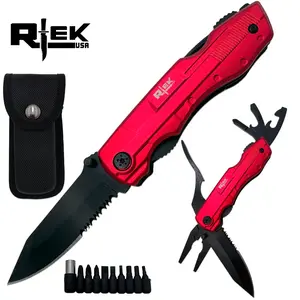 RT 8219-RD Rtek 4.5" Multi Tool Pocket Knife with Pliers Bottle Opener Screwdrivers & Sheath