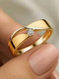 Elegant Geometric Lines Micro-Paved Synthetic Zirconia Ring for Women, Copper Plated Tone, 3-Prong Setting, Perfect for Weddings & Parties