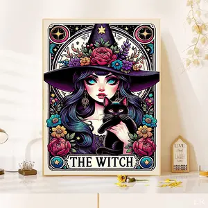5D DIY The Witch And The Cat Diamond Painting Full Round/Square Tarot Cards Mosaic Embroidery Rhinestone Room Decoration Gift 30x40cm/11.81x15.75in" Hand Embroidered