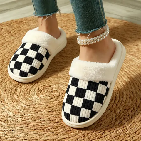 Women's & Men's Fuzzy Checkered Open Back Slippers, Warm Memory Foam House Shoes with Faux Fur Lining for Warmth, Indoor & Outdoor Wear, Slippers for Women