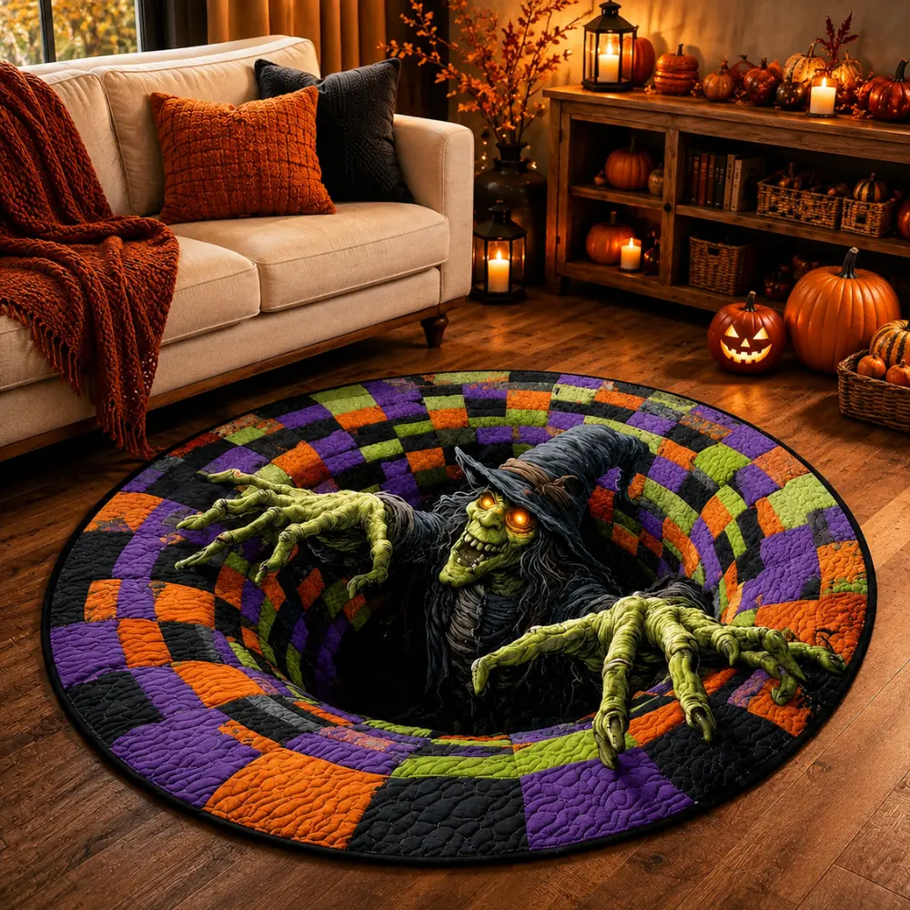 3D Halloween Optical Illusion Round Rug, Spooky Witch Monster Abyss Floor Mat, Non-Slip Halloween Area Rug for Living Room, Bedroom & Party Decor