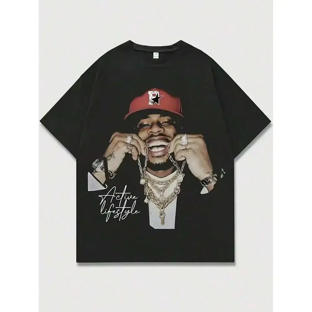 Men’s hip-hop portrait graphic t-shirt – 100% casual crew neck tee with a bold off-season design