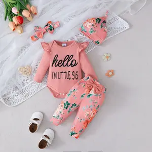 Ready Stock 1-18M Baby Girl 4-Piece Outfit Cute Letter Pink Ruffled Bodysuit + Floral Bottoms + Matching Hat & Headband Clothes For Daily Wear 42508005
