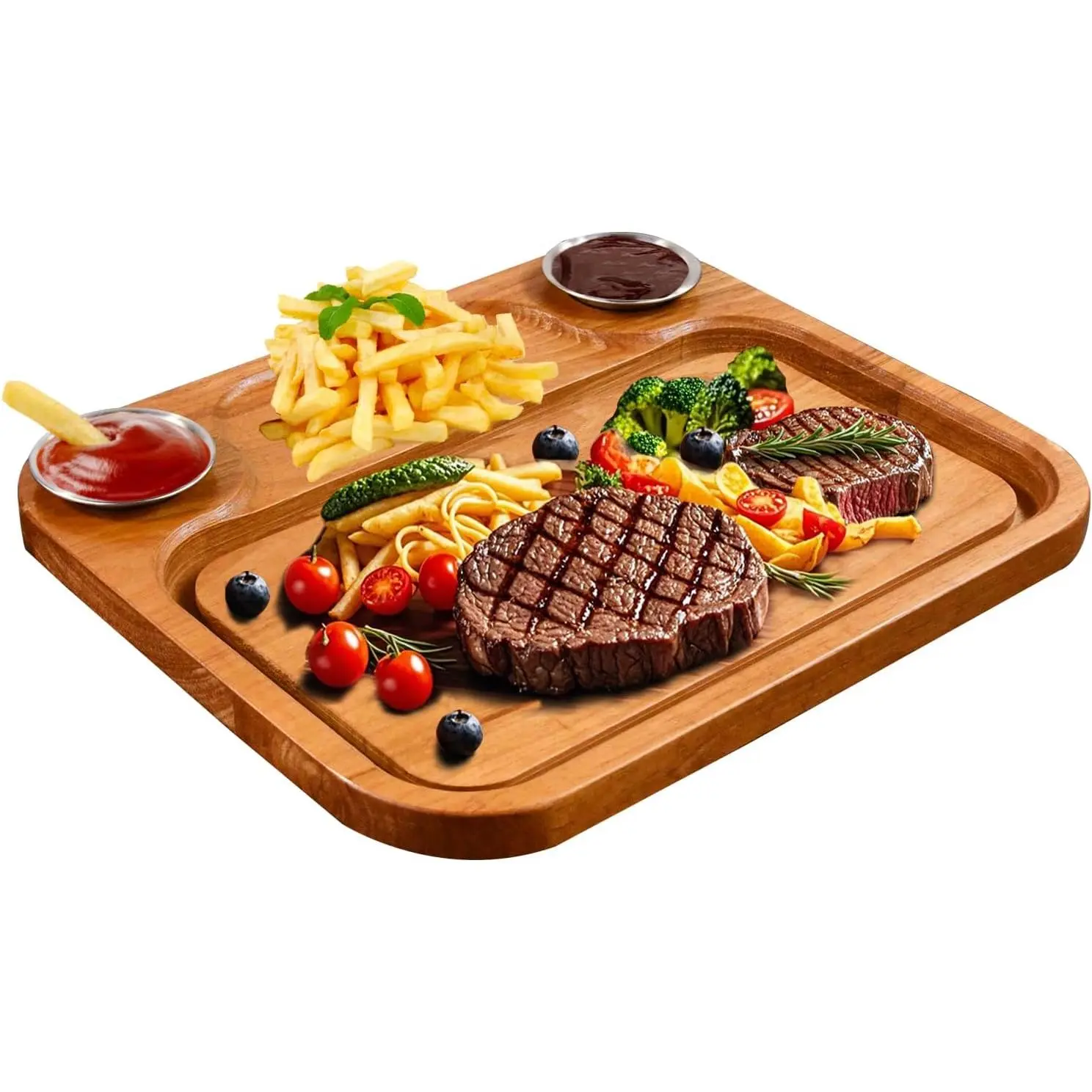 Wooden Steak Plates include 2 Sauce Cups,  Steak Board Set Serving Tray for  Meat  Board with Juice Groove, Charcuterie Board Platter for