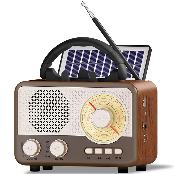 CAULIKINE Small Vintage Handheld Dual Band Emergency Radio Speaker - AM-FM-SW, Bluetooth, 3.5mm AUX, TF Card, USB, Micro USB, Rechargeable Batteries, Solar Charging, Table Mount, MP3 Support, Phone Stand for Outdoor Use, Dad Birthday Gift