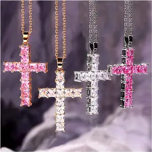 4 Pcs Gold Crystal Jesus Cross Pendant Necklace, Multi-Color Jewelry for Women, Party and Casual Wear