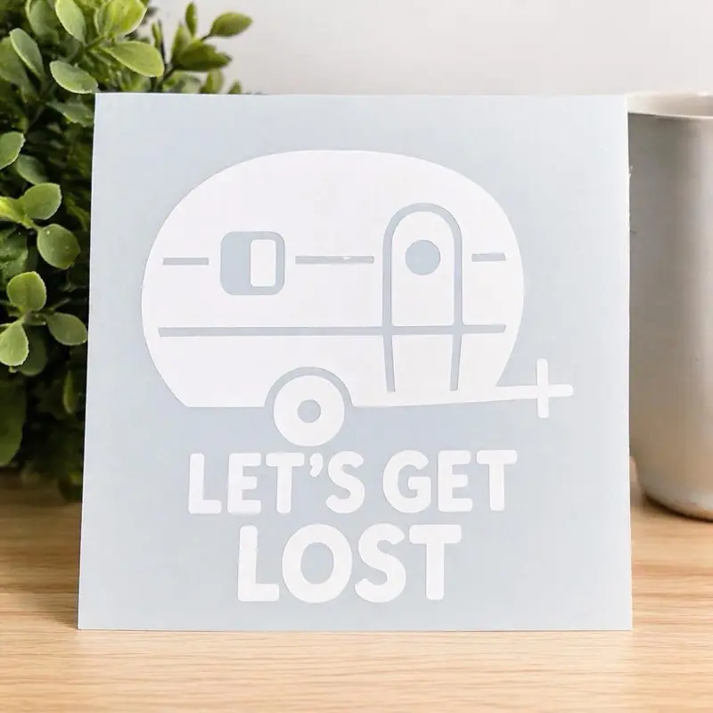 Let's Get Lost Camper Van Decal for Car Windows - White Vinyl Sticker with Trailer Design - Perfect for RV Enthusiasts