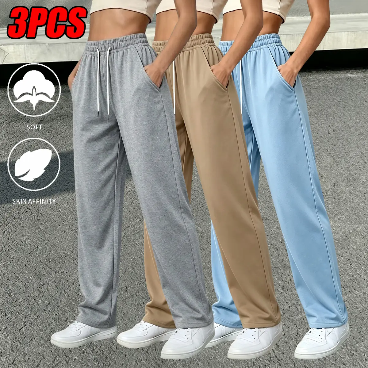 3-Pack Women’s Mid-Rise Straight-Leg Sweatpants, White Drawstring with Metal Aglets, Elastic Waistband with Topstitching and Deep Side Pockets, Butter-Soft Stretch, Durable Polyester, Breathable and Lightweight, Color-Preserving Casual Pants for School Da