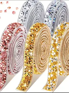 Shiny Rhinestone Ribbon, 5 Rolls Self-Adhesive Shimmer Ribbon, Resin Material with Diamond Decor, DIY Party Decoration, Art & Craft, 46cm Long