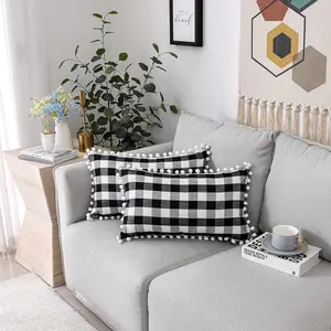 Set of 2 Fall Retro Farmhouse Buffalo Check Plaid Pillow Cases Pillow Shams with Pompoms Decorative Throw Pillow Covers, Retro Gingham Cushion Case for Sofa Home Decor, 12 x 20 Inches, Black and White