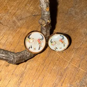 Floral Cow Bull Skull Resin Druzy on Rose Gold Plated Stud Handmade Earrings 12mm Unique Design Vibrant Colors Inspired Drusy Earring