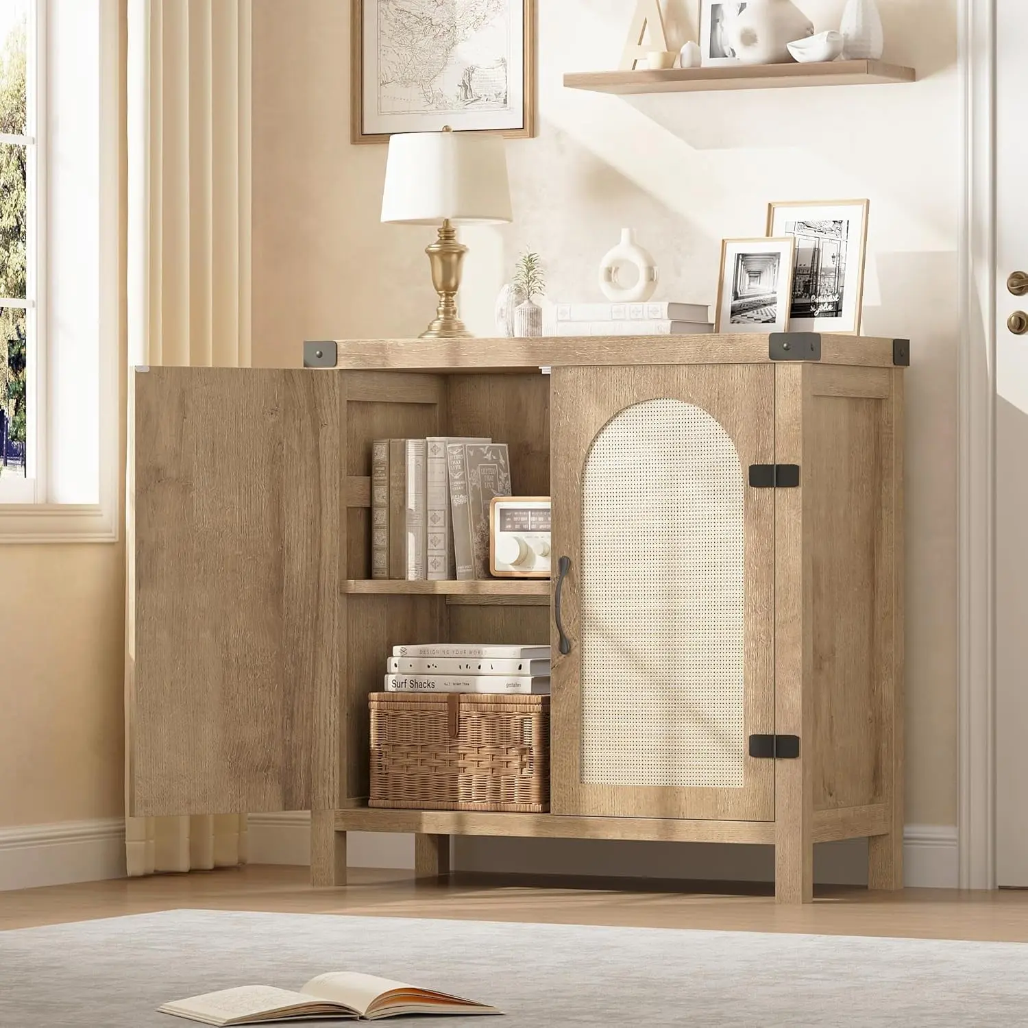 【Christmas Gift】Sideboard Buffet Cabinet  Accent Cabinet with Shelves and Strong Wood Legs  Farmhouse Storage Cabinet with Rattan Doors  Small Console Cabinet for Bedroom  Living Room  Entryway  Natural