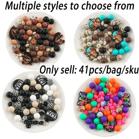 Silicone Bead Kit, 41pcs/set Diy Mix Beads DIY Beading Kit, DIY Jewelry Making Supplies for Necklace, Bracelet, Keychain and Handmade Pen, Diy Beading Accessories, Beaded Set, Handmade Beading Material, Beads for Crafts