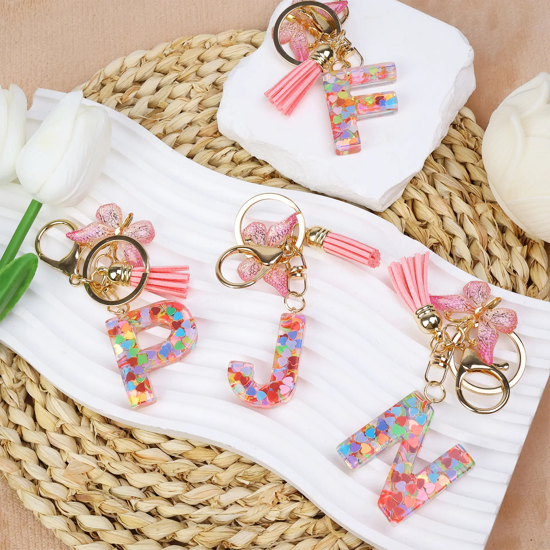 Alphabet Keychain Set, Acrylic Initial Letters with Tassel Pendants and Gold-Tone Hooks, Full A-Z Collection for Anniversary Gift, Unisex, Birthday Gift, Collectibles, Metallic, Personalized Initials, Full A-Z Set, Alloy, Pink‑Gold Hook