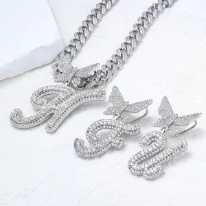 Cuban Link Chain for Women 10MM Cuban Chain Hip Hop Iced Out Chain Necklace Butterfly Cursive Initial Letter Name Necklaces for Women