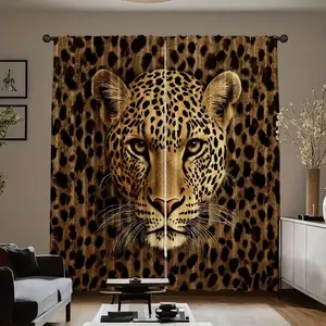 2pcs Leopard Print Curtains, 100% Polyester Fiber, High Definition Digital Printing, Hole Design, Bedroom Living Room Decor