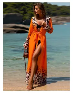 Women's Leopard Print Robe - Orange Longline Sheer Cover Up with Tie Waist & Bell Sleeves - Lightweight Loungewear Kimono for Home Wear, Sleepwear, and Casual Style