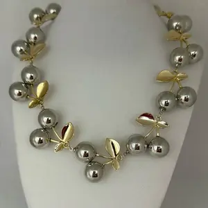 Double Tone Cherry Necklace with Gold Leaves and Silver Beads for Stylish Outfits