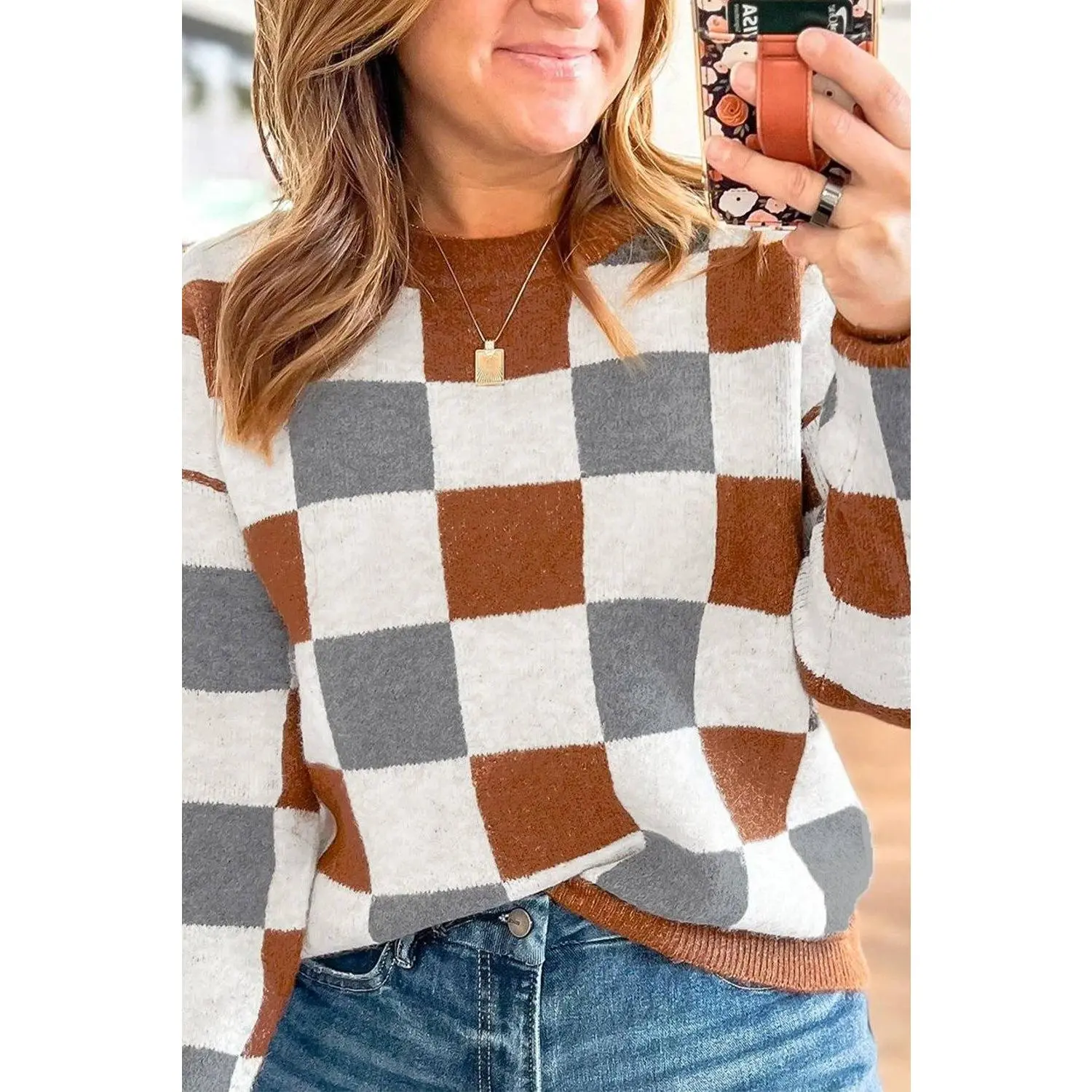 Plus Size Checkered Crewneck Sweater