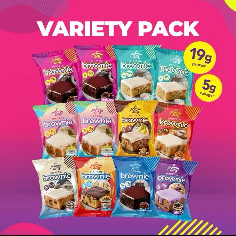 Prime Bites Protein Brownie Variety Pack - Assorted Flavors with 19g Protein and 5g Collagen - Chocolate, Snack feast able Keto