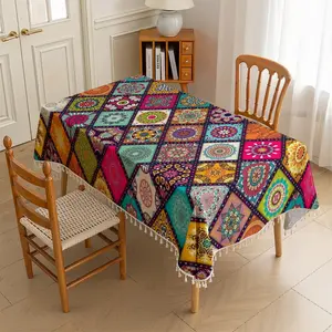 1pc Tablecloth, Bohemian Mandala Printed Luxury Tassel Tablecloth, Rectangular Table Cover, Colorful Ethnic Floral Pattern Table Mat, Ideal for Dining Room / Party / Outdoor Decoration, 2D Flat Printing