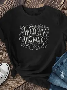 Plus Size, Women's Sexy Witchy Woman Script T-Shirt - Maroon Short Sleeve Soft Stretchy Top for Halloween Costume & Fall Party Outfit - Machine Washable Casual Round Neck Tee with Witch Apparel for Themed Events & Casual Attire - Seasonal Fashion Tee