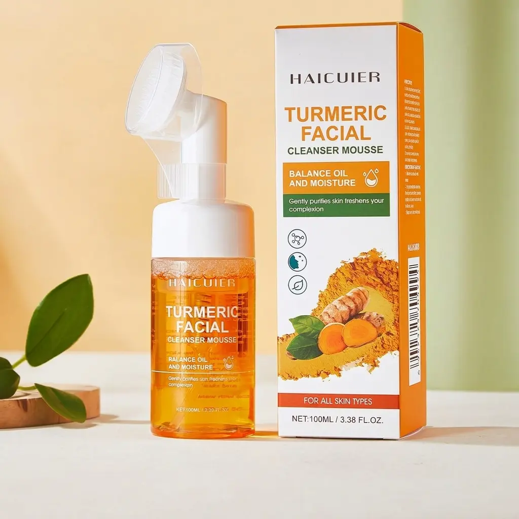 Haicuier Turmeric Foaming Cleanser with Built-in Soft Brush, Hydrating & Gentle Facial Cleansing Mousse for Sensitive & All Skin Types, Soft Skin, Smooth Skin Routine