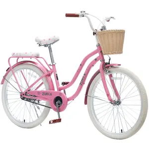 24 Inch Cruiser Bike for Girls, Single Speed Commuter Bicycle with Wicker Basket & Rear Rack, High Carbon Steel Frame Comfort City Bike for Outdoor Riding,Peach Pink Color
