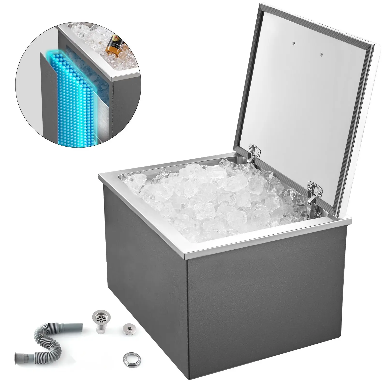 113.7 Qt Drop-In Ice Chest Cooler, Stainless Steel Ice Bin, 28" x 20" x 17" Dimensions, Built-In Drain, Heavy-Duty Outdoor Party And Bar Cooler, Insulated Ice Holder For Kitchen, Catering, Events, And Commercial Use