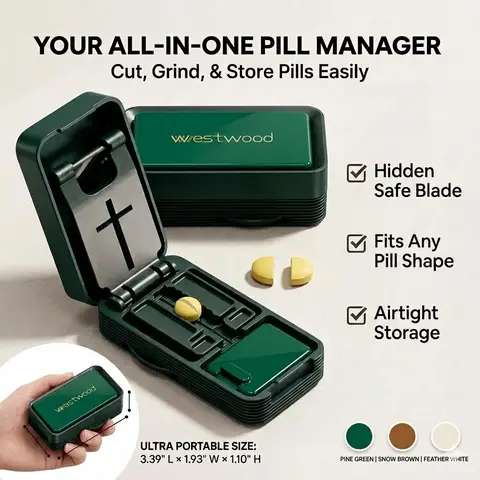 Stainless Steel Hidden Safe Blade Pill Cutter Dispenser for Adults, Youth - 1/4 & 1/2 Cuts for Small, Large Tablets, Sealed Portable Box, Adjustable Design, 10+ Pill Hold, Multi-Tablet Cutting, Wipe Clean Brush (Healthcare Medical Supply)