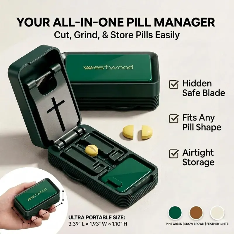 Stainless Steel Hidden Safe Blade Pill Cutter Dispenser for Adults, Youth - 1/4 & 1/2 Cuts for Small, Large Tablets, Sealed Portable Box, Adjustable Design, 10+ Pill Hold, Multi-Tablet Cutting, Wipe Clean Brush (Healthcare Medical Supply)