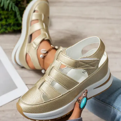 Women's Fashionable Velcro Platform Sandals, Casual Comfortable Sandals for Summer, Lightweight Breathable Shoes for Daily Wear, Girl, Elevated Sandals, PU Leather Sandals, Casual Trendy Sandals