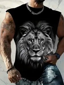 Men's Lion Head Print Sleeveless T-Shirt, Fashion Trendy Slim Fit Vest, Summer Casual Cool Style, Loose-Fitting Regular Length Streetwear, Menswear
